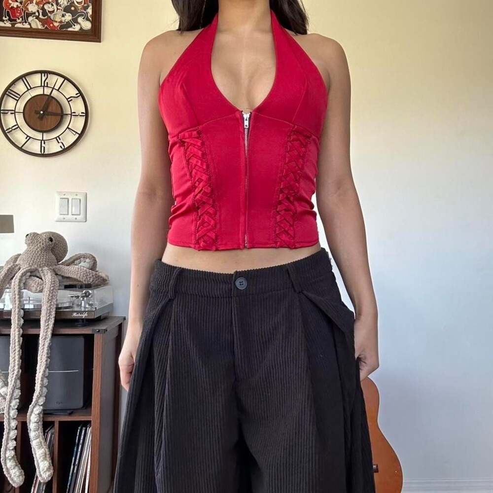 Red Halter Corset Top with Front Zipper and Braided Details - Small